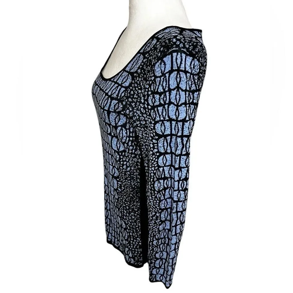 NIC+ZOE medium blue and black geometric sweater crew neck long sleeve